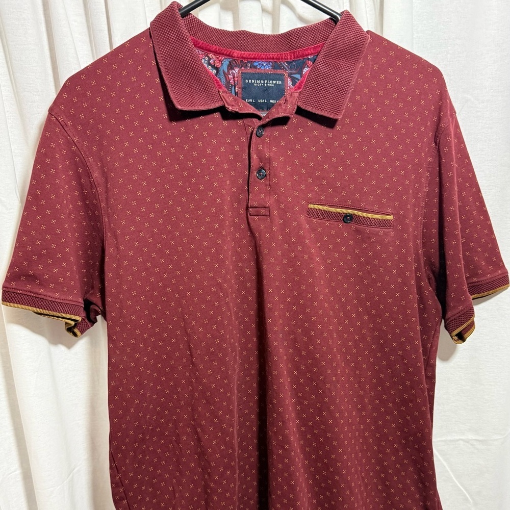 Denim and Floral Men’s Polo Maroon with yellow accents 100% Cotton